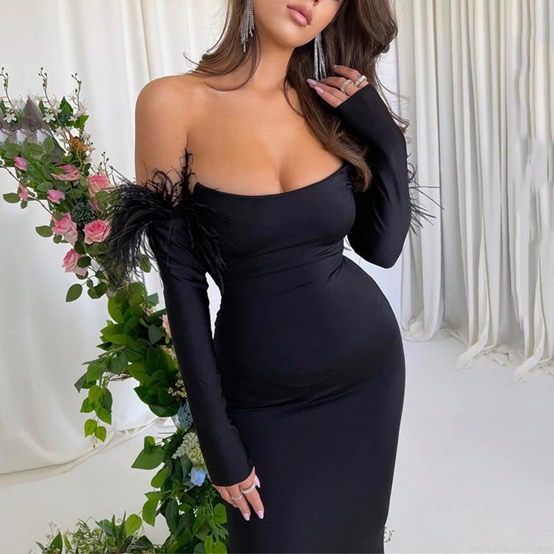 Elegant Bodycon Maxi Dress Off Shoulder Feather Sleeve Backless Sexy Long Dress For Women Party Evening Club Wedding Gown Slim Fit Polyester Formal Outfits