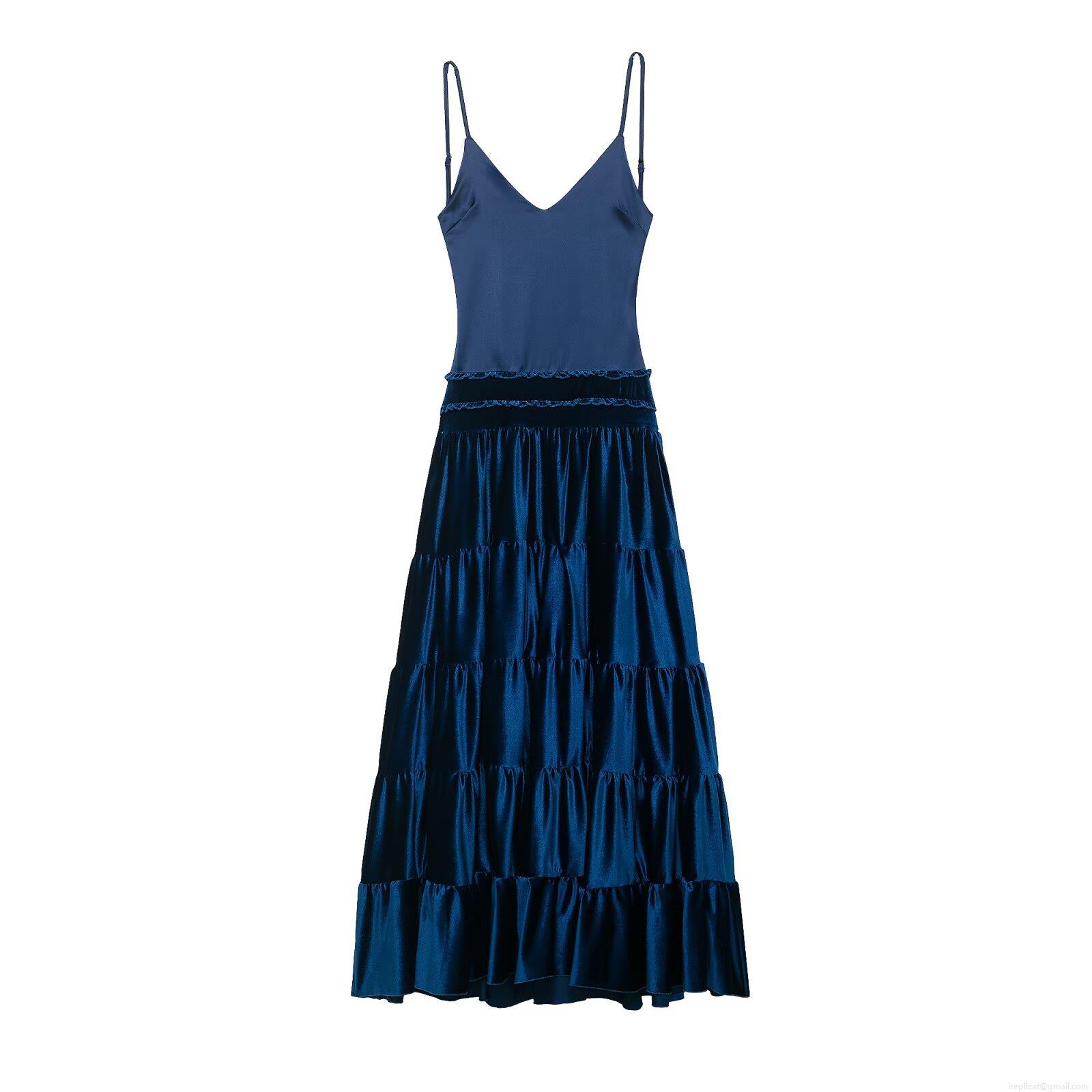 Women's Sexy Backless Satin Velvet Tiered Ruffle Maxi Dress Elegant V Neck Sleeveless Camisole Evening Party Banquet Gown For Women