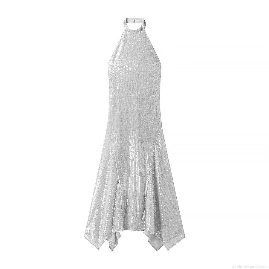 Sexy Halter Backless Sequin Maxi Dress Irregular Hem Silver Sparkly Evening Party Gown For Women Glamorous Night Out Wedding Guest Dress