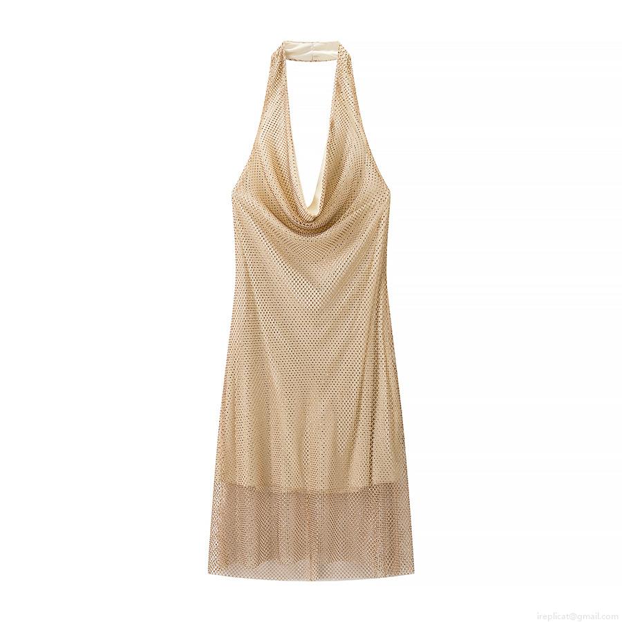 Women Halter Neck Backless Cowl Neck Midi Dress Sexy Champagne Gold Rhinestone Mesh Patchwork Evening Party Bodycon Club Dress For Lady