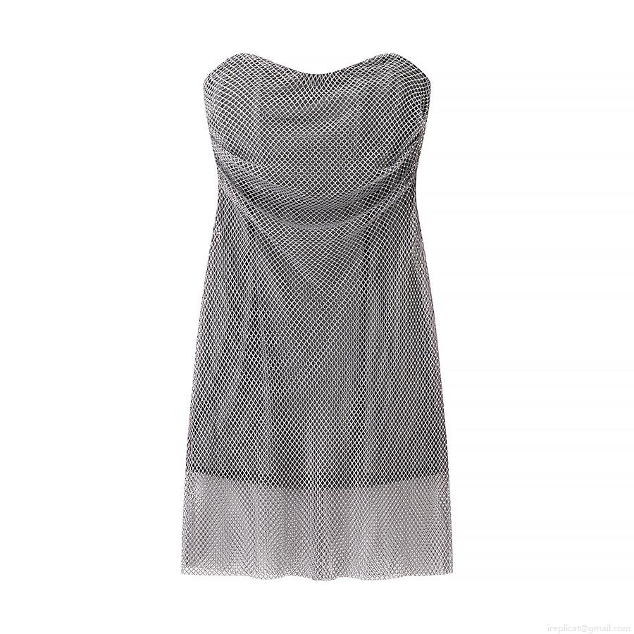Sexy Women's Strapless Rhinestone Mesh Mini Dress Slim Fit Bodycon Hollow Out Silver Party Club Evening Wear Polyester Dress