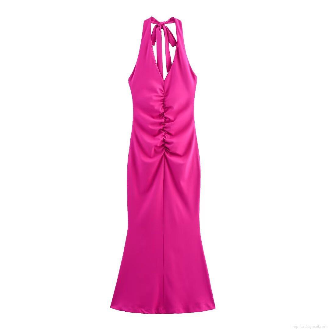 Women's Elegant Halter Neck Backless Satin Maxi Dress Sexy Ruched Bow Tie Evening Party Cocktail Wedding Guest Mermaid Long Dress