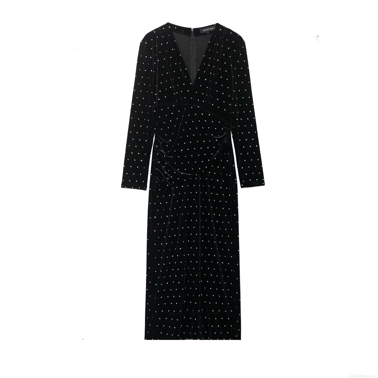 Women's Sexy Deep V Neck Long Sleeve Velvet Maxi Dress With Silver Square Rhinestones Side Slit Elegant Slim Fit A-Line Evening Party Long Dress