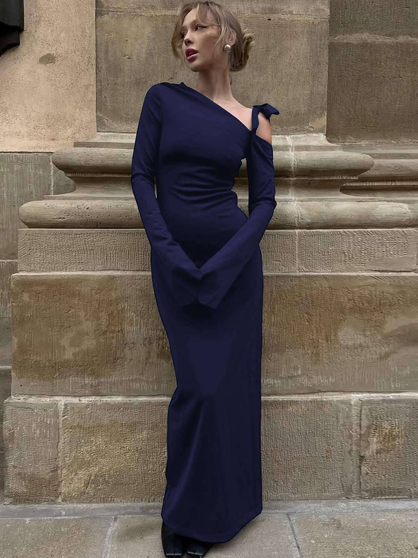 Women's Navy Blue Off-Shoulder Bow Long Sleeve Maxi Dress Sexy High Slit Slim Fit Bodycon Evening Party Gown Polyester Spandex For Lady