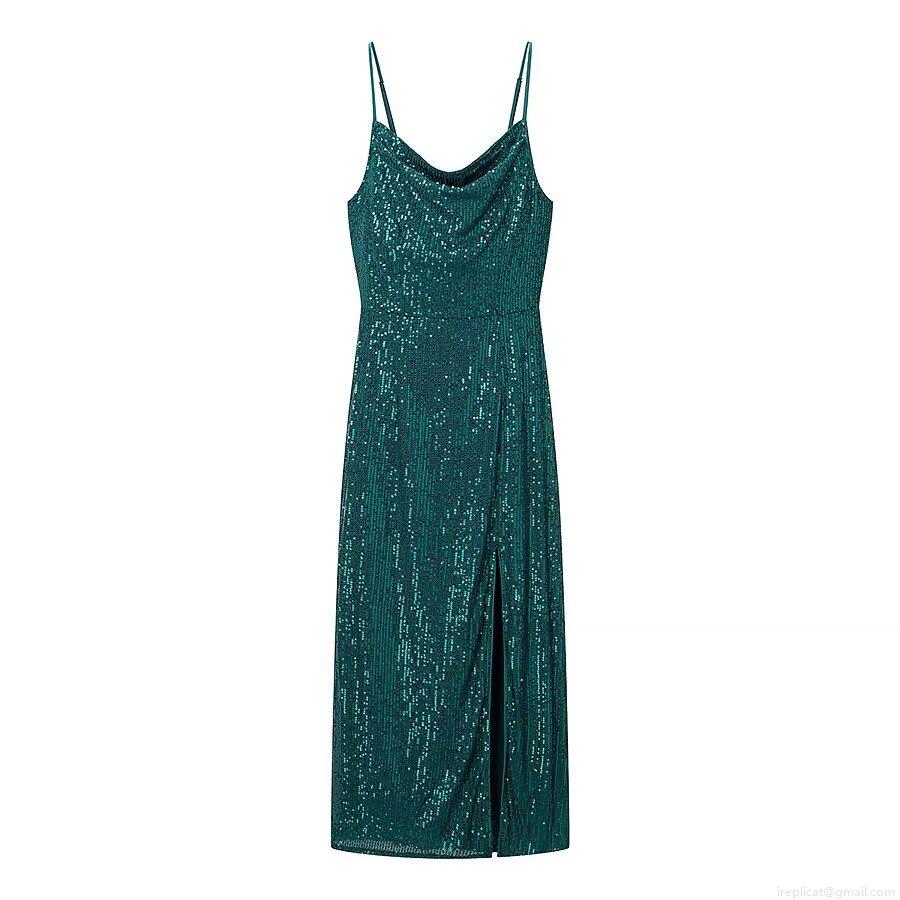Women's Sexy Cowl Neck Sequin Maxi Dress With Side Slit Spaghetti Strap Bodycon Formal Evening Party Banquet Wedding Guest Dress