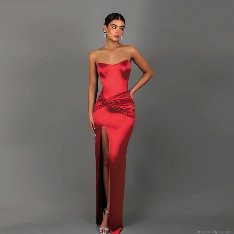 Sexy Strapless Satin Maxi Dress For Women Elegant High Slit Knot Waist Ruched Evening Party Wedding Celebrity Style Sleeveless Formal Long Dress