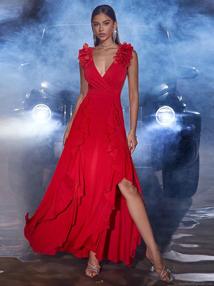 Women's Elegant Red V-Neck Sleeveless Maxi Evening Dress With 3D Floral Applique Ruffle Patchwork High Slit Backless Party Banquet Wedding Gown