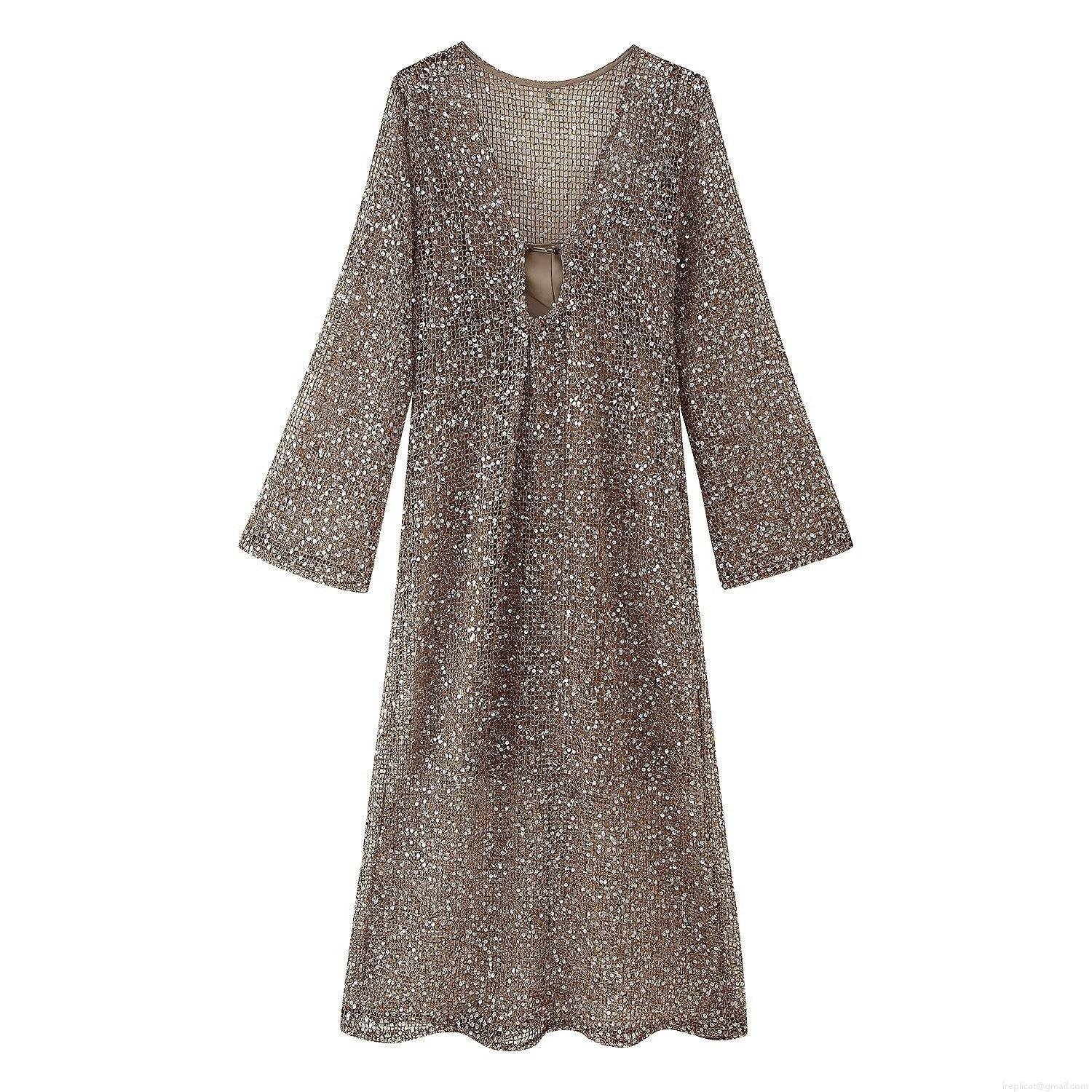 Women's Elegant Sequin Maxi Dress Deep V-Neck Hollow Out Waist Long Sleeve Flared Cuffs Formal Evening Party Gown