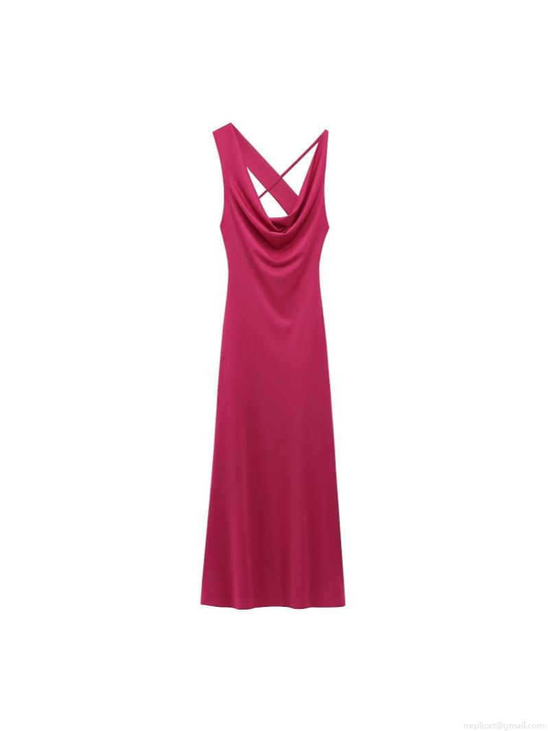 Women's Cowl Neck Slip Dress Sexy Backless Cross Straps Satin Look Maxi Dress Elegant Sleeveless Solid Color Party Evening Dress For Women