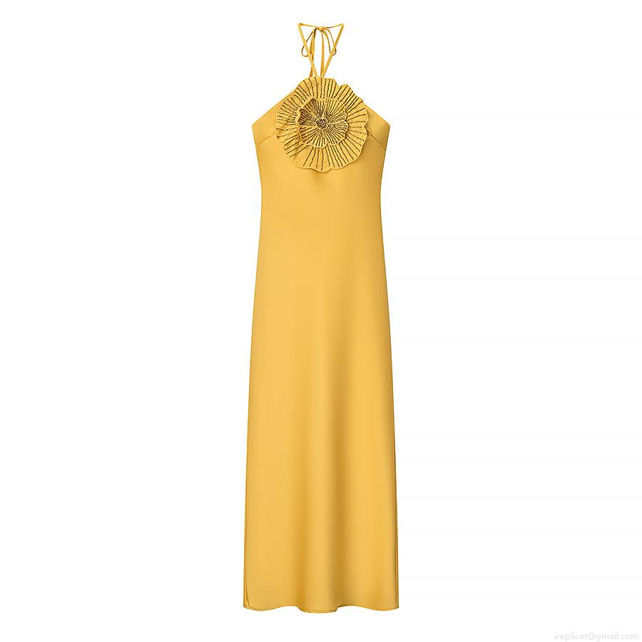 Women's Elegant Halterneck Maxi Dress Satin Polyester With 3D Flower Rhinestone Backless Evening Party Gown Celebrity Style Yellow Long Dress