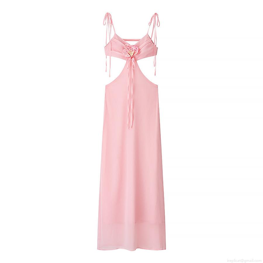Elegant Pink 3D Orchid Flower Cami Dress Women Sexy Hollow Out Backless Satin Long Maxi Dress For Party Evening Club Cocktail Wear