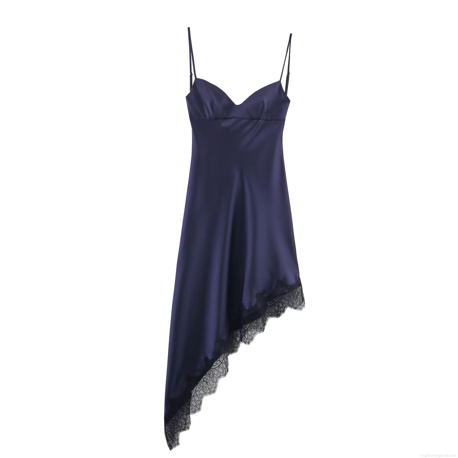 Women Elegant Satin Lace Trim Asymmetric Cami Dress Sexy V-Neck Backless Spaghetti Strap Evening Party Night Out Clubwear Bodycon Long Dress