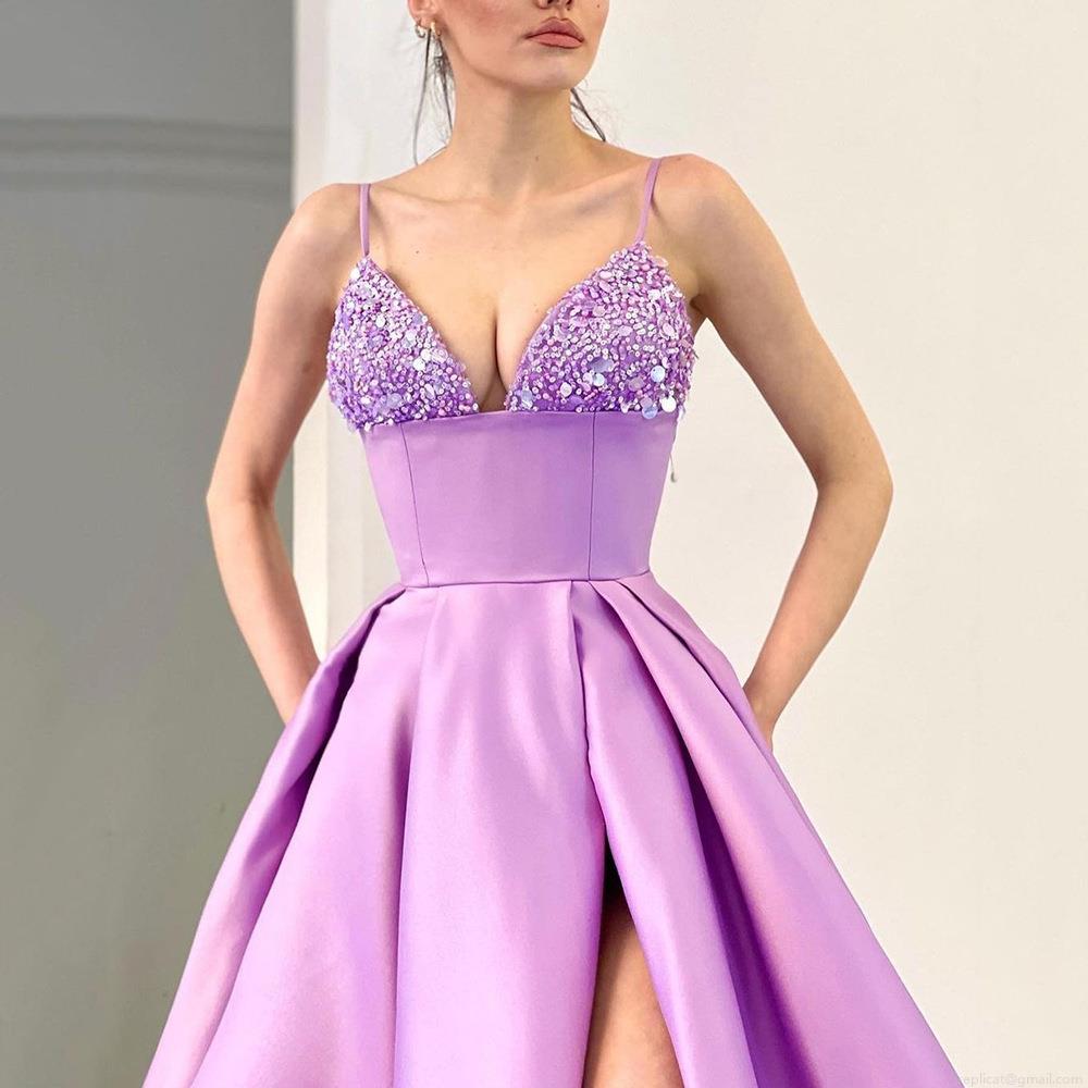 Women Sexy Deep V Neck Sequin Satin Spliced Evening Dress Elegant Spaghetti Strap High Slit Long Gown For Wedding Party Banquet