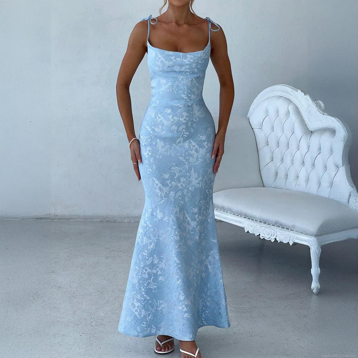 Women Elegant Jacquard Polyester Mermaid Evening Dress Backless Spaghetti Strap Maxi Gown For Party Wedding Banquet Lady Chic Outfit
