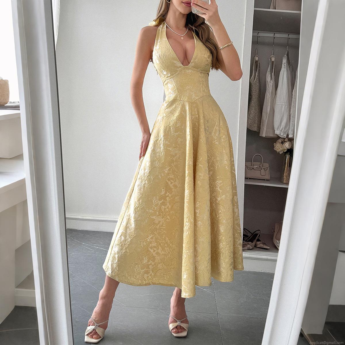 Elegant Halter Neck Backless Maxi Dress For Women 100% Polyester Jacquard Deep V-Neck A-Line Lace-Up Bow Evening Party Wedding Guest Cocktail Summer Vacation Long Dress Elegant Halter Neck Backless Maxi Dress For Women 100% Polyester Jacquard Deep V-Neck A-Line Lace-Up Bow Evening Party Wedding Guest Cocktail Summer Vacation Long Dress