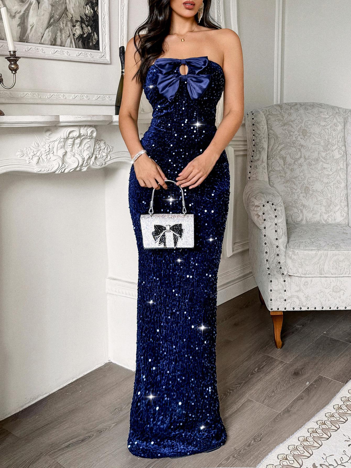 Women's Elegant Sequin Tube Top Evening Dress With Big Bow Bodycon Fishtail Maxi Gown For Wedding Party Prom Glamorous Strapless Sparkly Dress