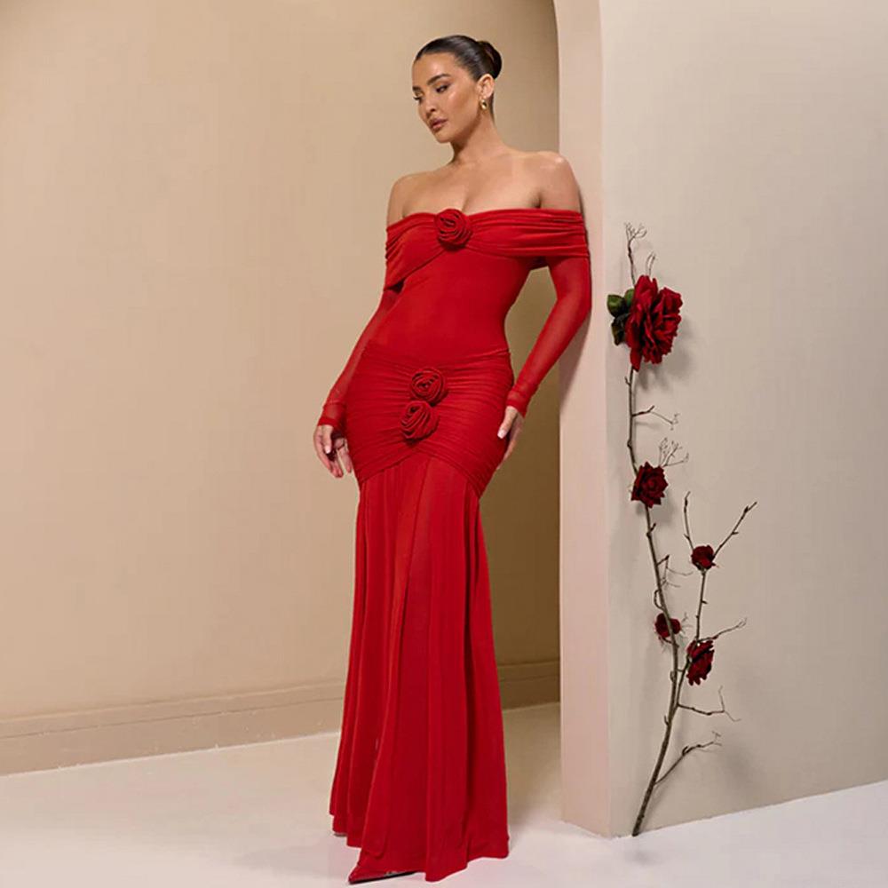 Women Sexy Off-the-Shoulder Maxi Dress Ruched 3D Rose Flower Long Sleeve Mesh Milk Silk Slim Fit Elegant Evening Party Dress For Women