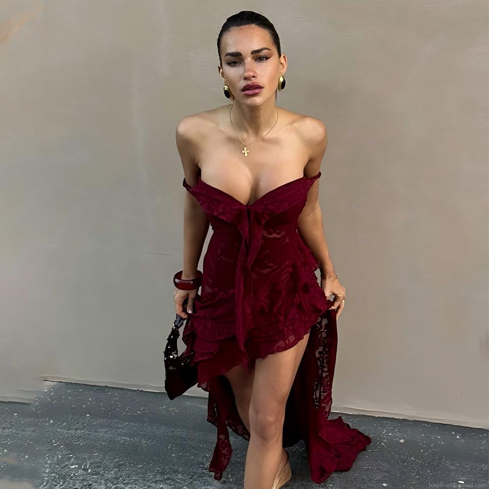 Women's Sexy Off-Shoulder Lace Backless Irregular Ruffle Hem Maxi Dress Elegant Solid High-Low Long Gown For Party Club Evening Lady