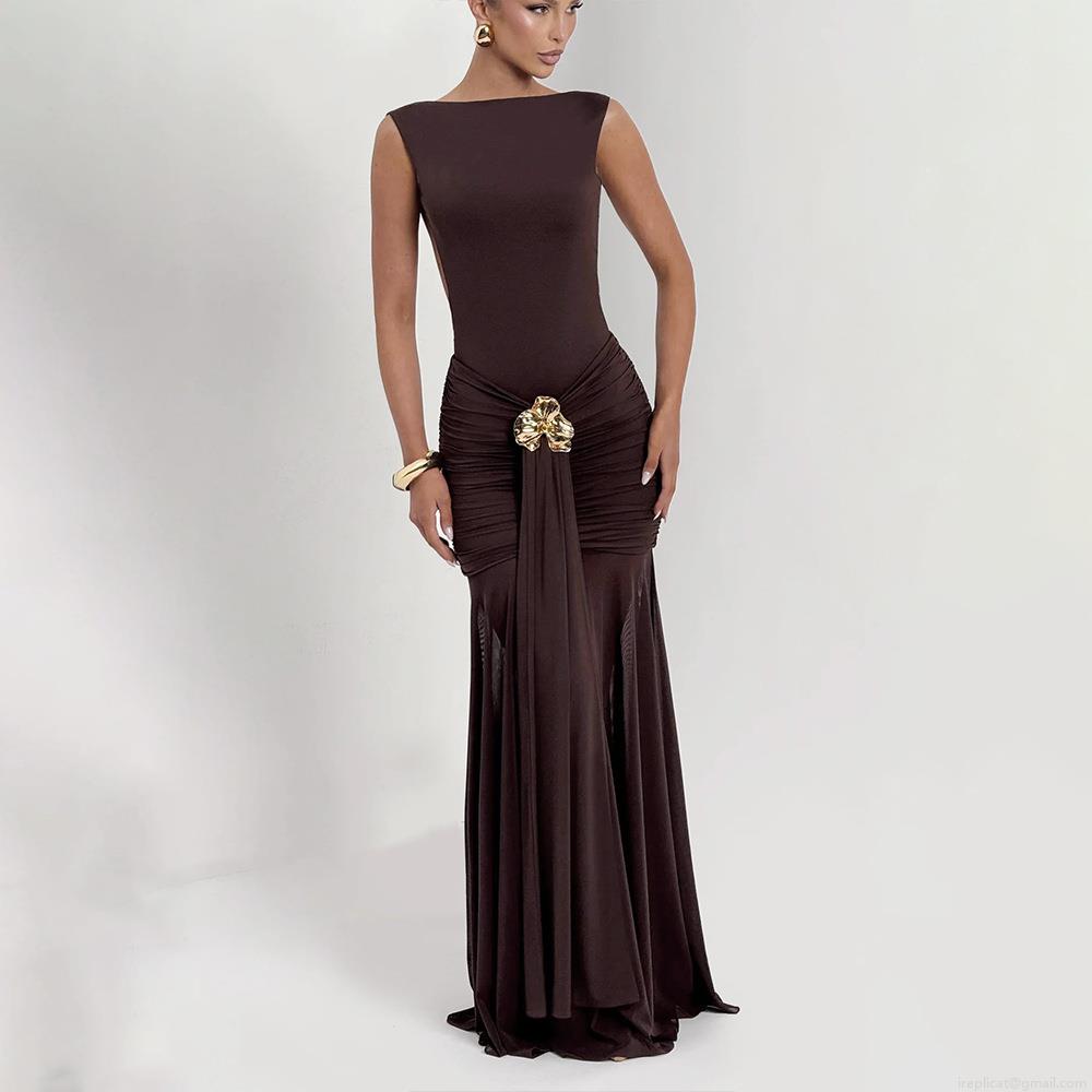 Sexy Backless Maxi Dress For Women Milk Silk Mesh Pleated Bodycon Evening Dress With Metal Buckle High Slit Sleeveless Party Long Gown