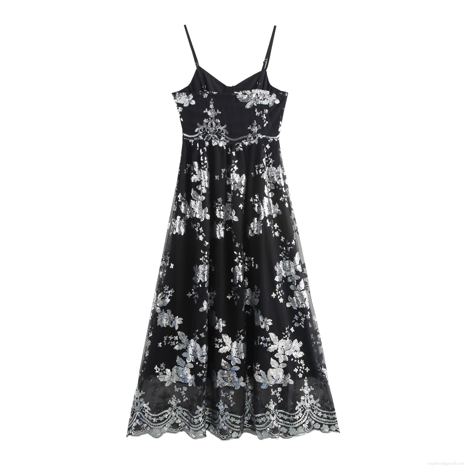 Elegant Sequin Flower Embroidery Spaghetti Strap Maxi Dress For Women Sexy V-Neck Backless High Waist Evening Party Banquet Long Gown Prom Dress