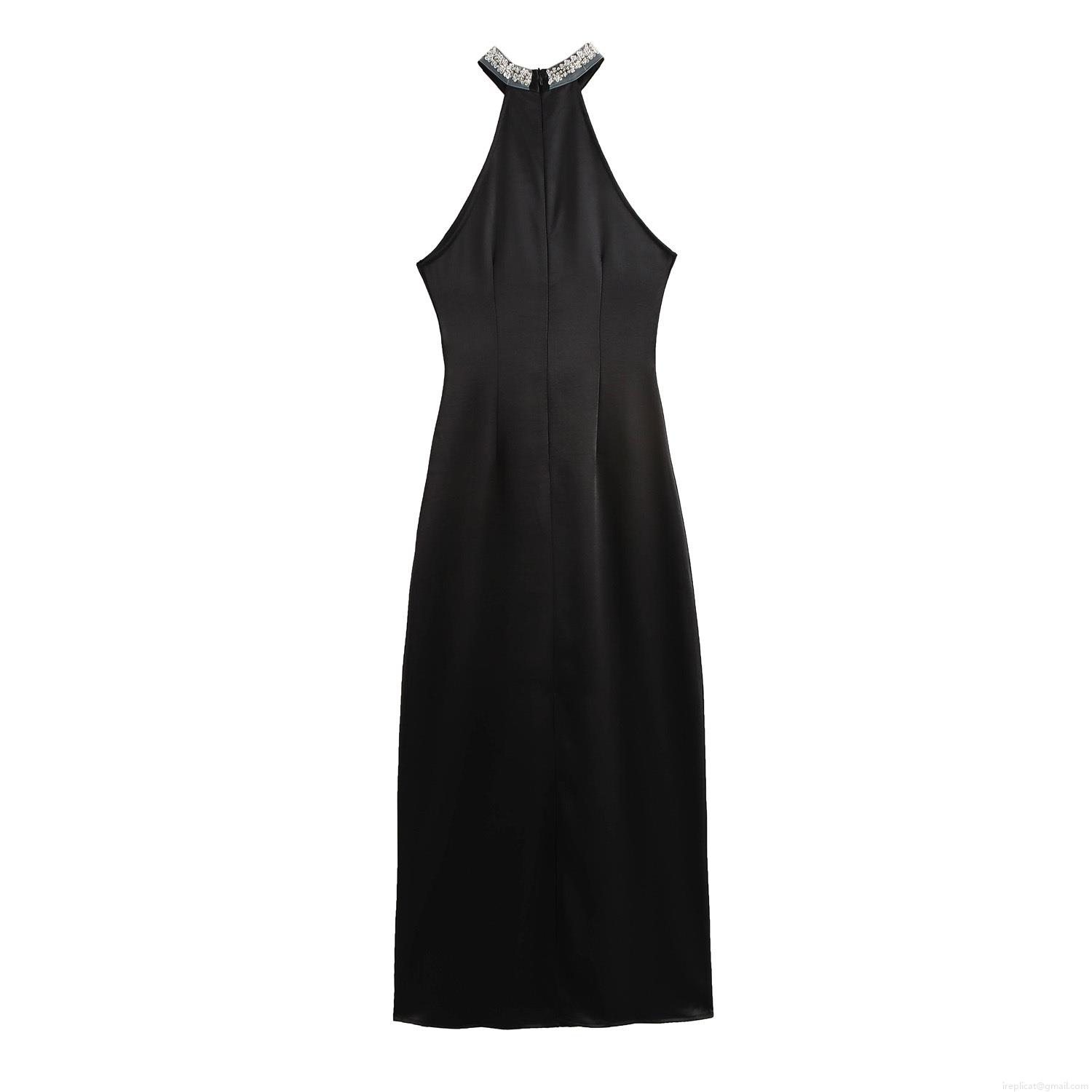 Elegant Women's Halter Neck Evening Dress Rhinestone Sleeveless Satin Bodycon Maxi Long Dress For Party Wedding Prom Night