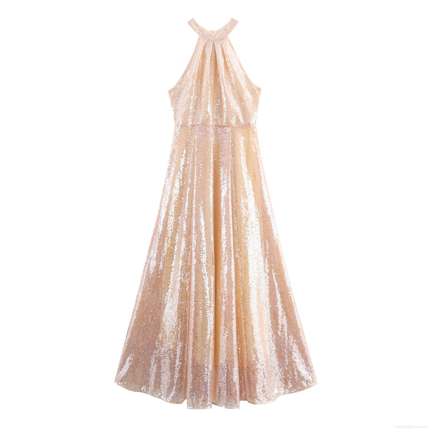 Women Halter Neck Sequin Maxi Dress Elegant Sleeveless Backless Evening Party Gown Champagne Luxury Celebration Dress