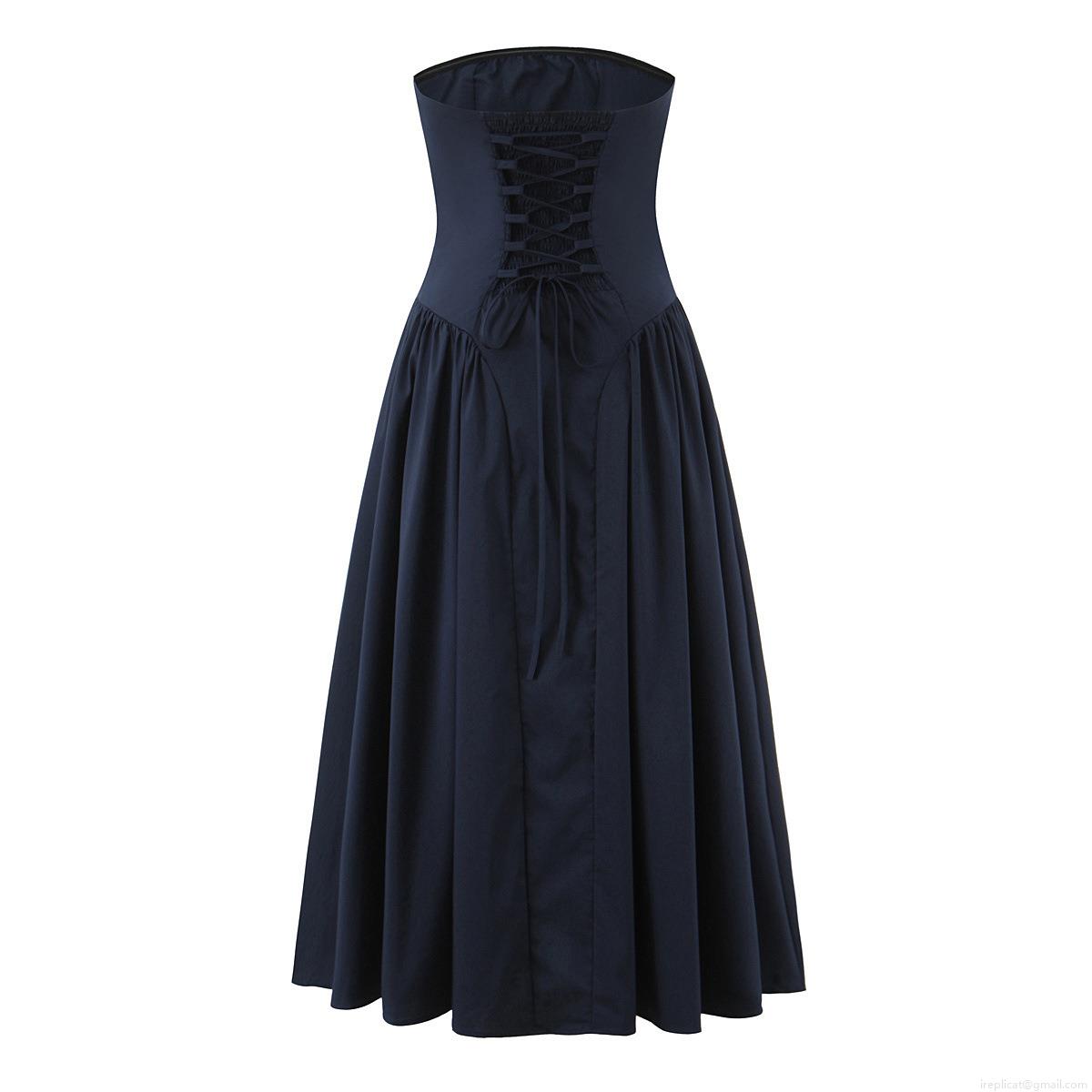 Women's Elegant Strapless Maxi Dress Polyester Cotton Blend Lace-up Back Smocking Pleated A-Line Long Party Evening Princess Dress For Lady