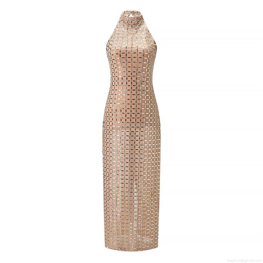 Sexy Halter Neck Rhinestone Mesh Bodycon Maxi Dress For Women Backless Hot Drilling Slim Fit Clubwear Evening Party Long Dress