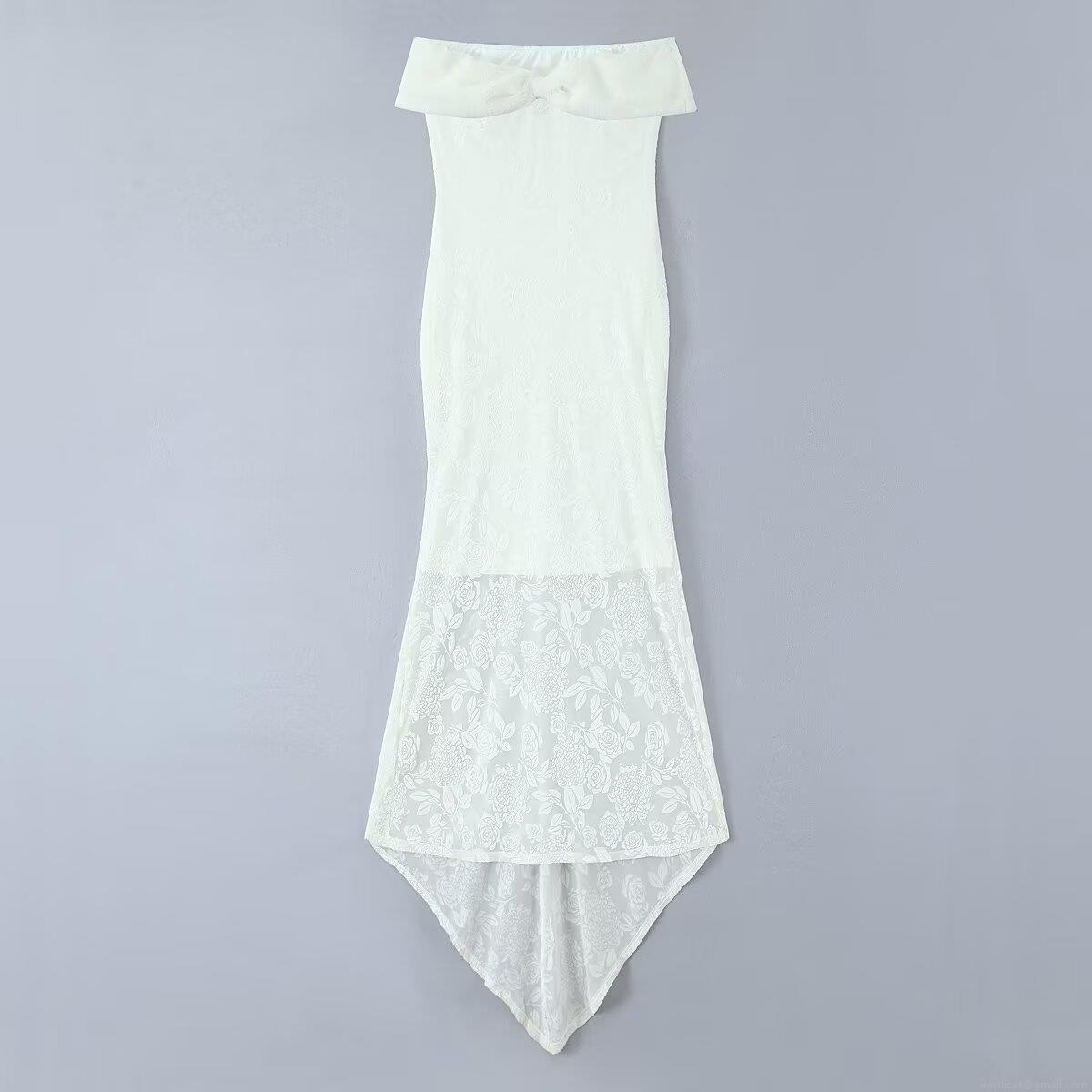 Women's White Off-Shoulder Lace Evening Dress With Removable Faux Fur Collar Irregular Patchwork Bodycon Maxi Gown For Party Wedding Formal Banquet