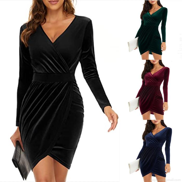 Women's Elegant V Neck Long Sleeve Velvet Bodycon Dress Sexy Ruched Wrap Party Evening Cocktail Dress Ruched Velvet Mini Dress