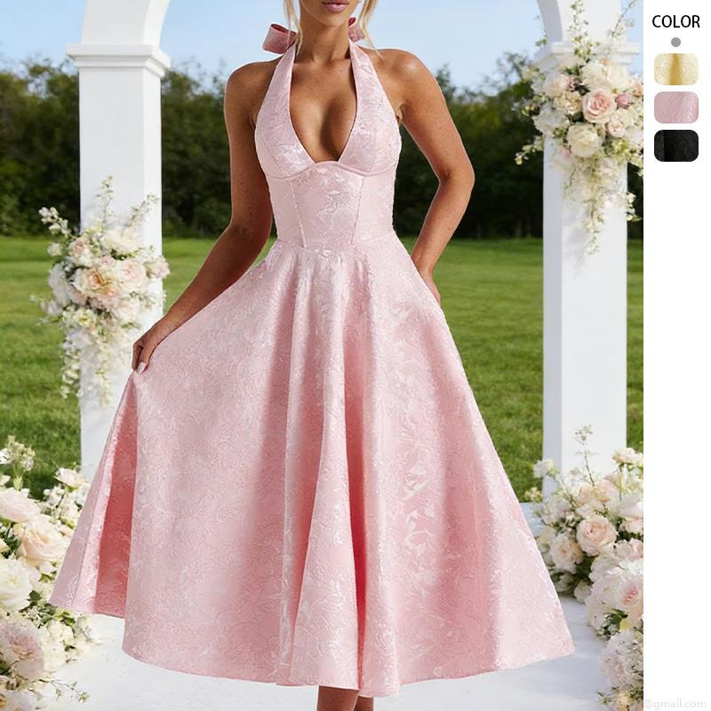 Elegant French Style Women's Jacquard Halter Midi Dress Deep V-Neck Backless Lace-up Large Swing A-Line Evening Party Wedding Vacation Dress