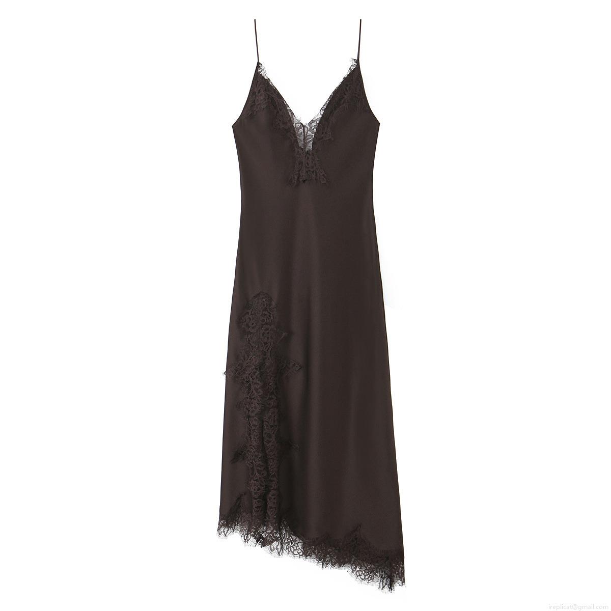 Women's Elegant Satin Lace Trim Cami Dress Sexy V-Neck Asymmetrical Hem Sleeveless Maxi Party Evening Clubwear Dress Coffee Brown
