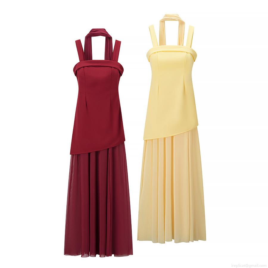 Women Sexy Halter Backless Maxi Dress High Slit Patchwork Sleeveless Chiffon Flowy Evening Party Gown Wedding Guest Socialite Dress