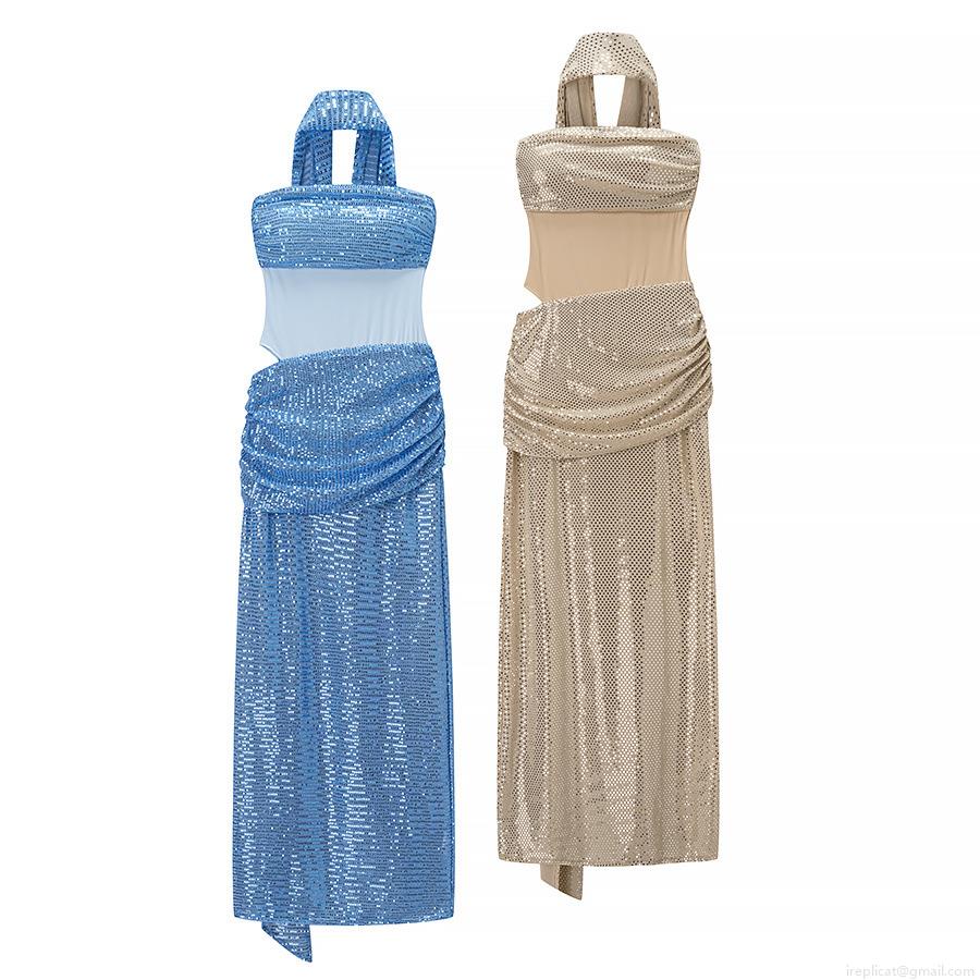 Women Sexy Halter Backless Sequin Maxi Dress Sparkly Ruched Cut Out Bodycon Evening Gown For Banquet Party Wedding Prom Celebrity Style