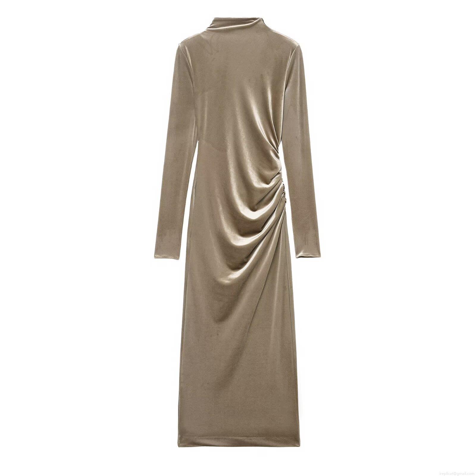 Elegant Women's Velvet Long Sleeve Ruched Maxi Dress With Padded Shoulders Sexy Slim Fit Stand Collar Evening Banquet Party Dress