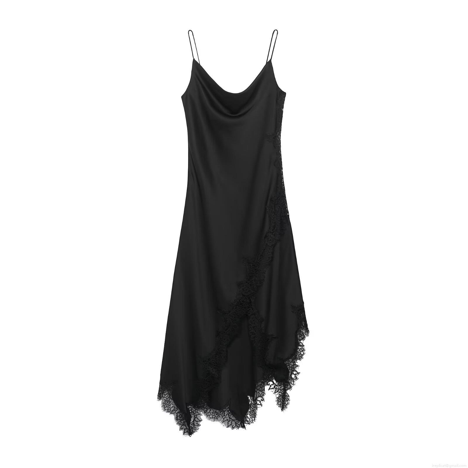Sexy Satin Lace Patchwork Slip Dress Women Cowl Neck Asymmetric Lace Hem Spaghetti Strap Midi Bodycon Dress For Evening Party Club Night