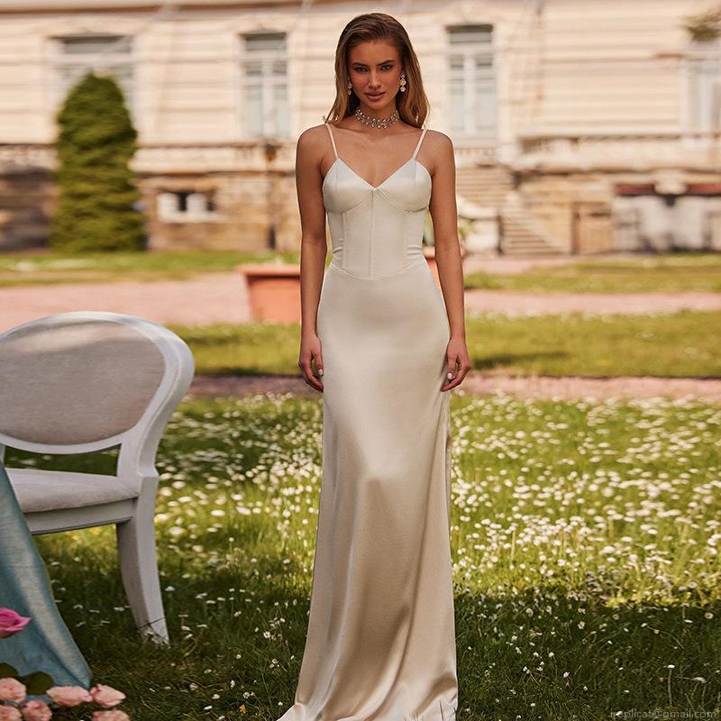 Elegant Satin V-Neck Slip Maxi Dress With High Slit Sexy Corset Backless Evening Gown For Women Wedding Party Summer Vacation