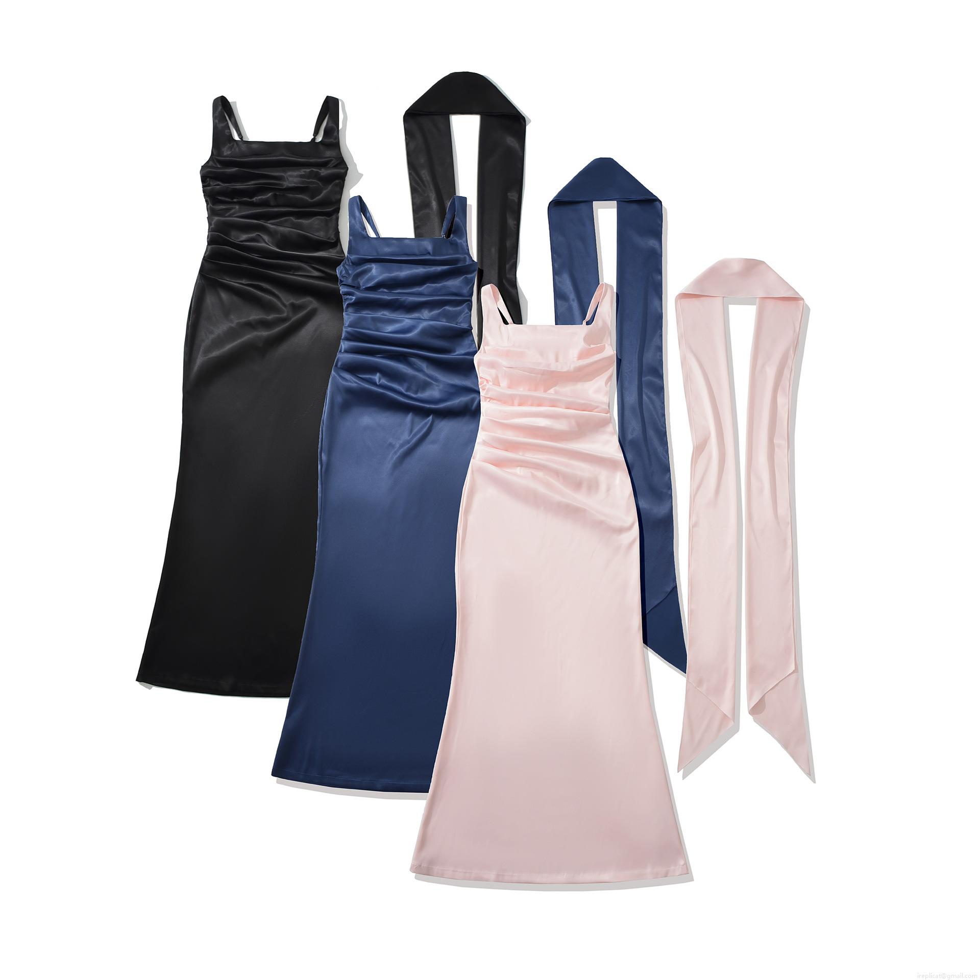Elegant Satin Spaghetti Strap Maxi Dress For Women Ruched Fishbone Corset Bodycon Evening Party Long Dress With Matching Neck Scarf Slim Fit Formal Banquet Wedding Guest Gown