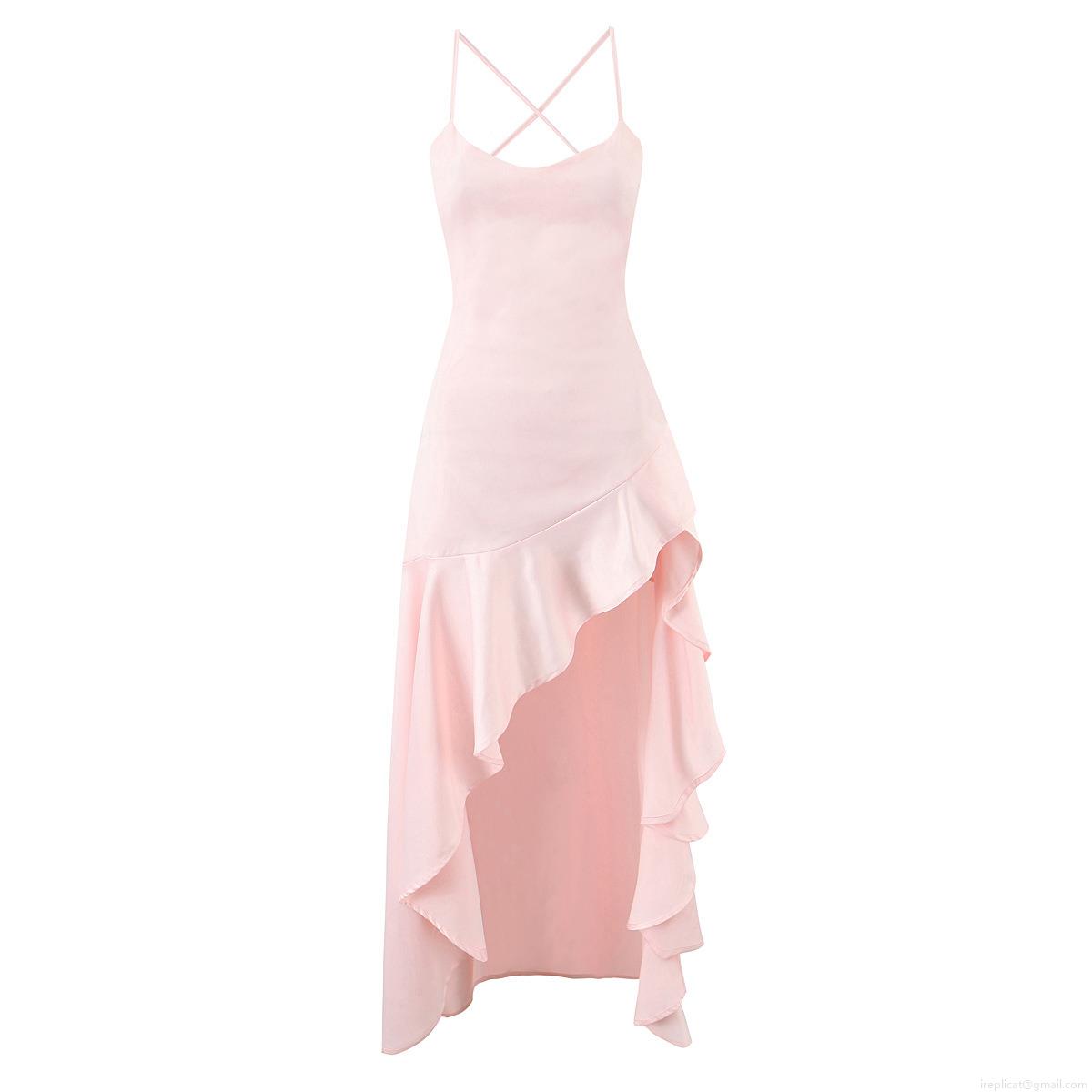 Women Sexy Backless Satin Ruffle Maxi Dress Cross Back Strappy Irregular High Low Hem Polyester Spandex Evening Party Dress Wedding Guest Long Dress