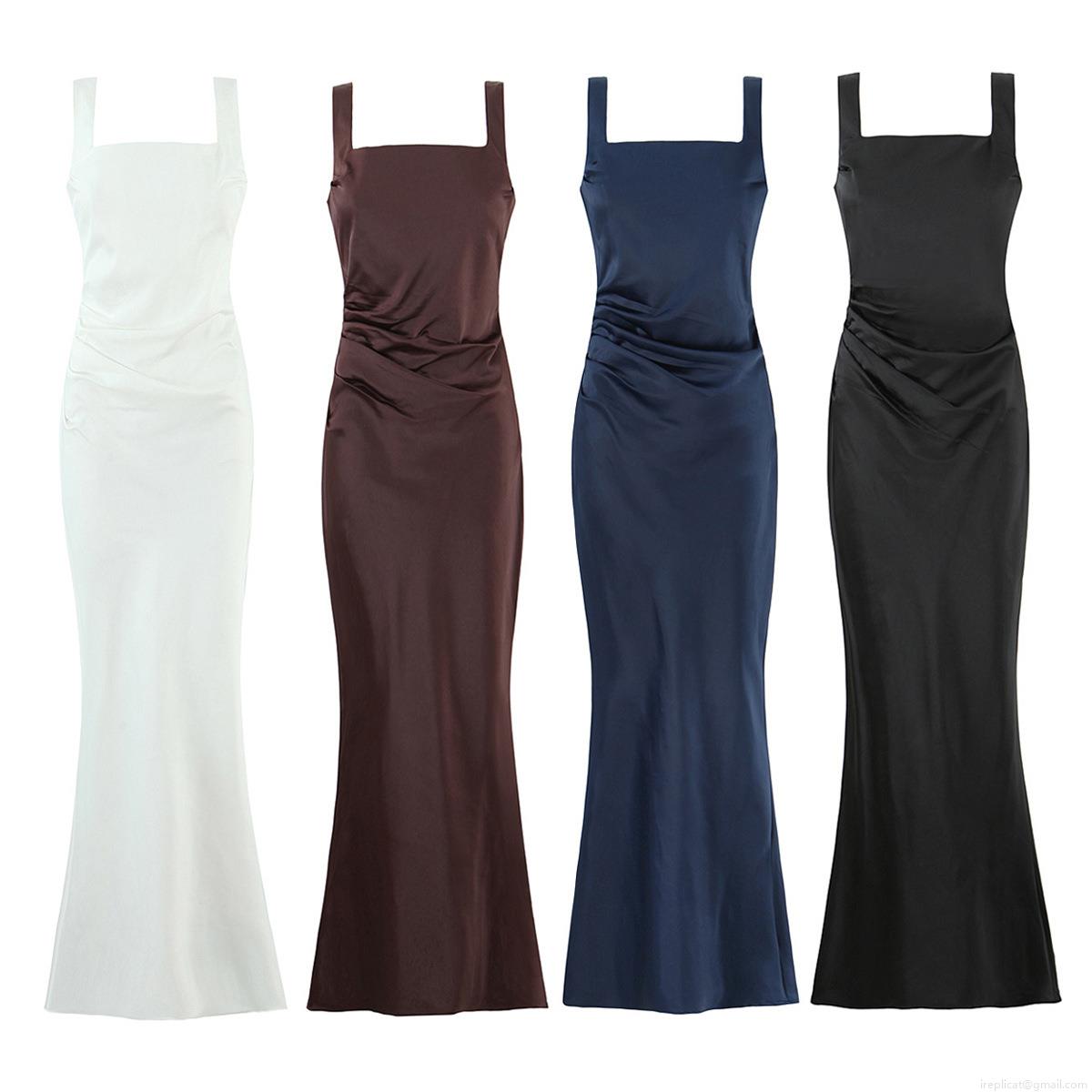 Elegant Satin Maxi Evening Dress For Women Square Neck Sleeveless Lace-Up Back Ruched Bodycon Fish Tail Formal Party Wedding Guest Prom Gown