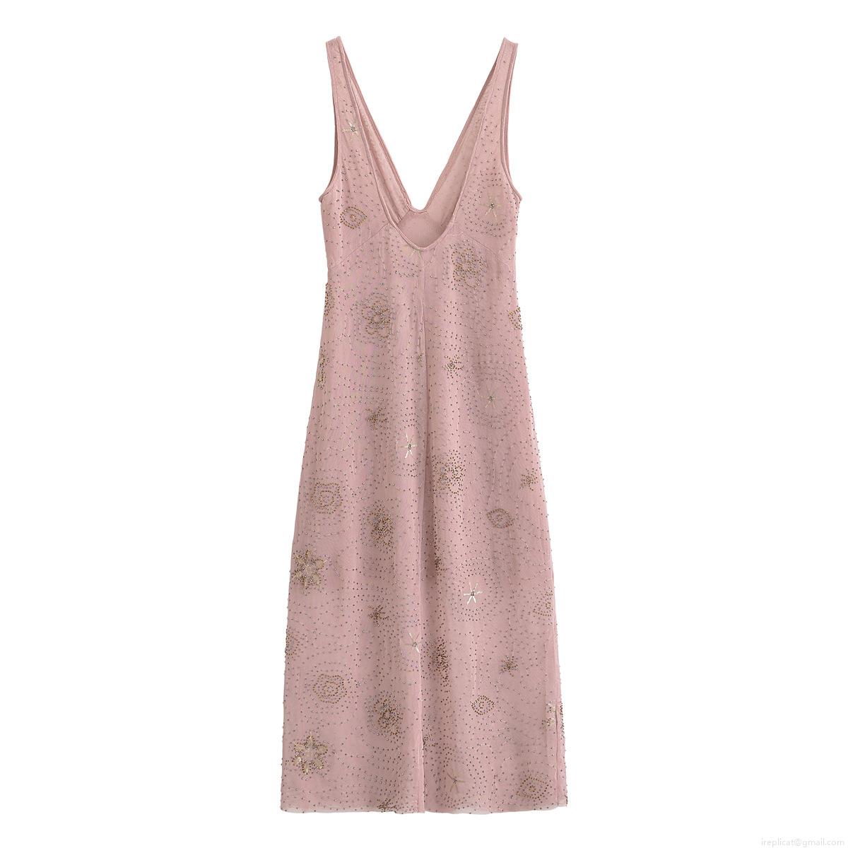 Women Elegant Pink Sequin Mesh Midi Dress Deep V Neck Sleeveless Evening Party Gown With Heavy Beading Embroidery Luxury Formal Occasion Dress