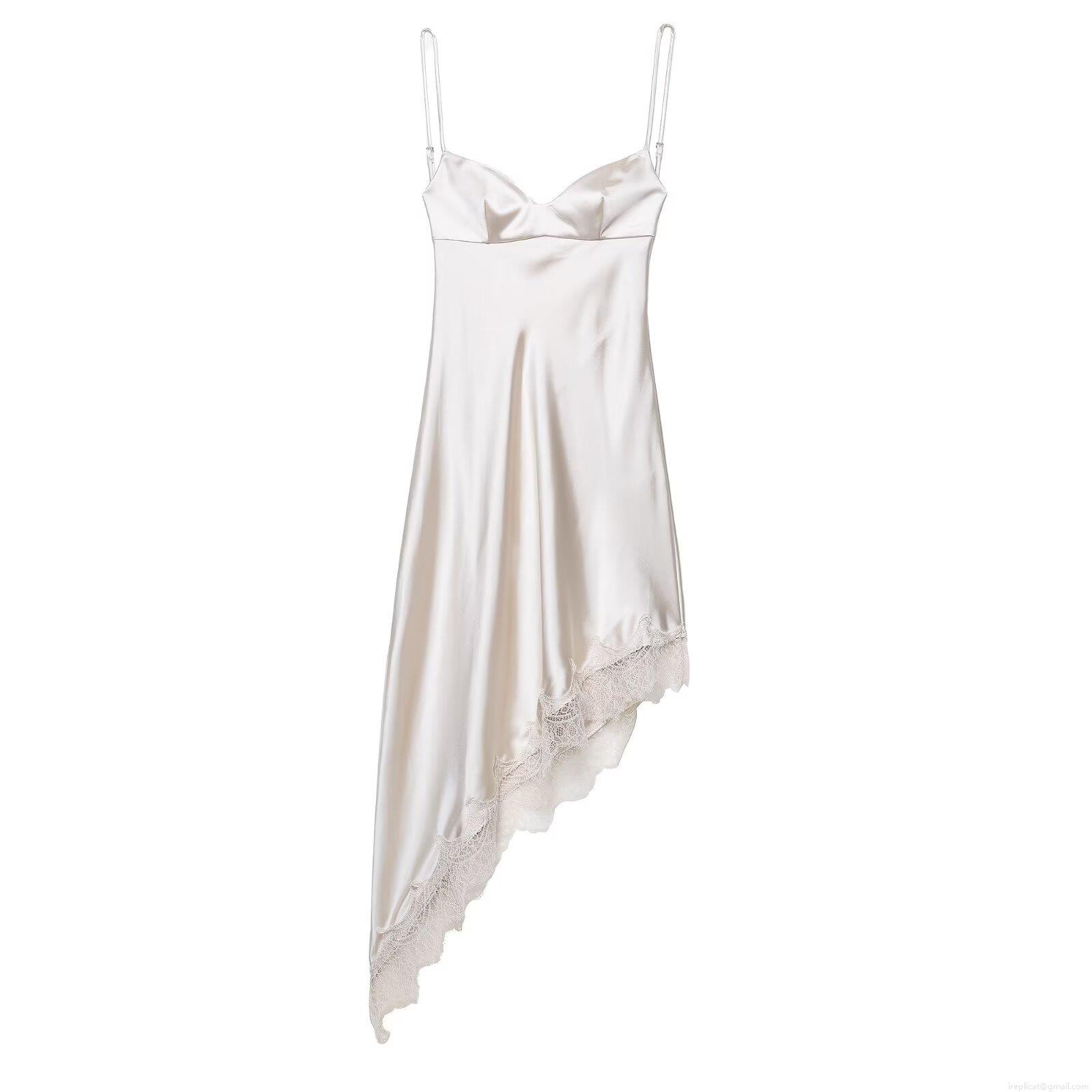 Women's Elegant Satin Slip Dress With Lace Trim Backless V-Neck Asymmetric Hem Spaghetti Strap Champagne Party Maxi Dress