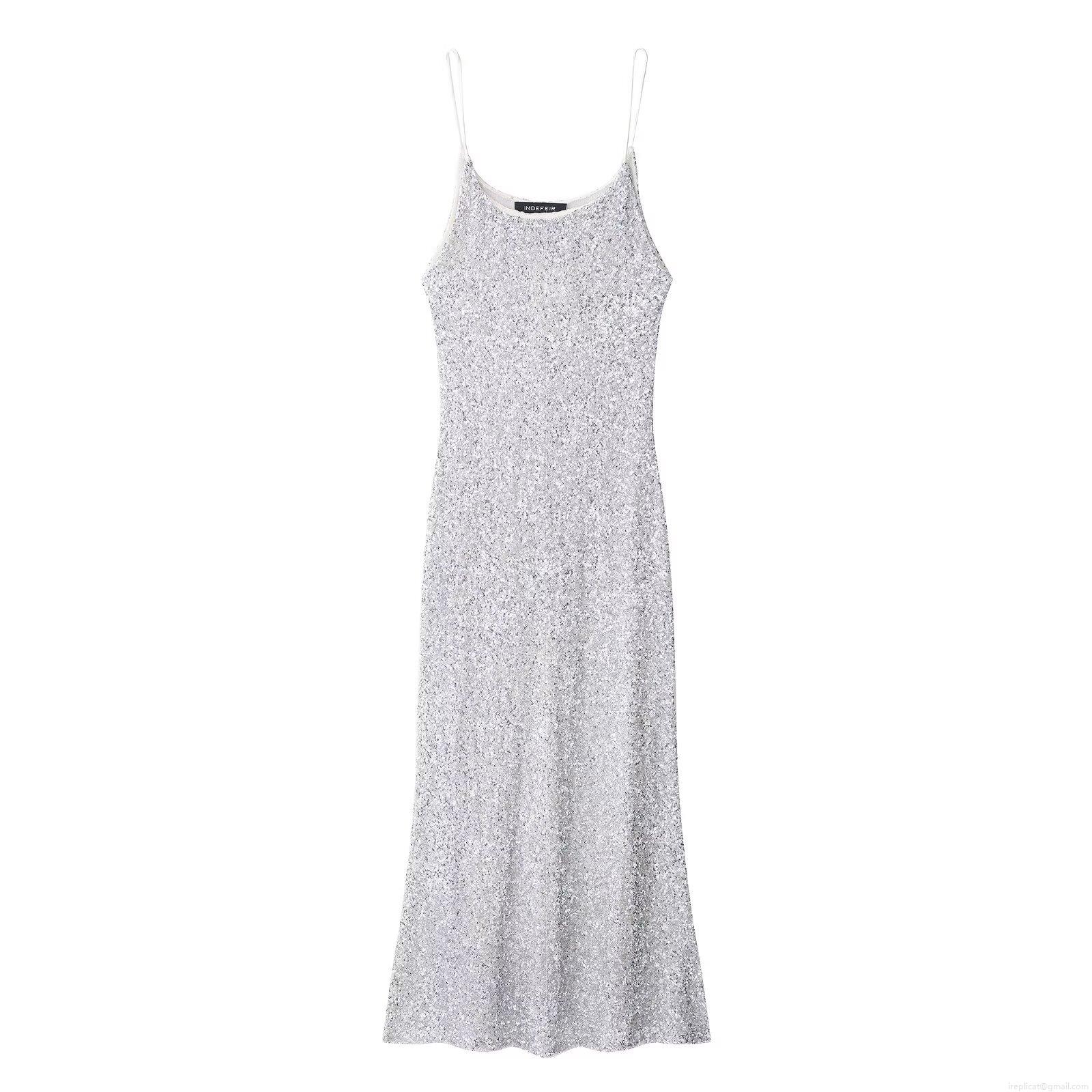 Women's Silver Sequin Spaghetti Strap Midi Dress Elegant Backless Bodycon Party Evening Dress For Women Summer Sexy Clubwear Gown