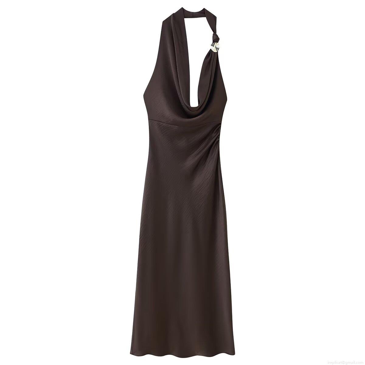 Women's Elegant Coffee Satin Halter Neck Backless Midi Dress With Metal Ring Detail Irregular Hem Ruched Bodycon Party Evening Maxi Dress