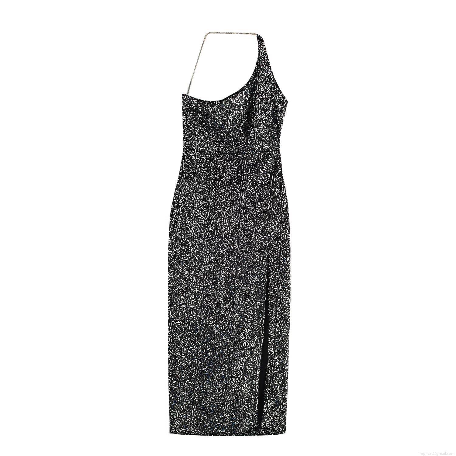 Sexy Black Sequin Asymmetric Maxi Dress For Women Elegant One Shoulder Halter Party Gown With Metal Chain Straps Side Slit Sparkly Evening Formal Dress