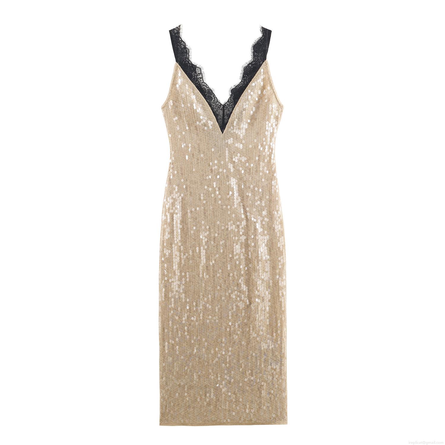 Women's Elegant Deep V Neck Sequin Cami Dress Sexy Black Lace Patchwork Champagne Gold Sleeveless Maxi Party Evening Gown Prom Luxury Vestido