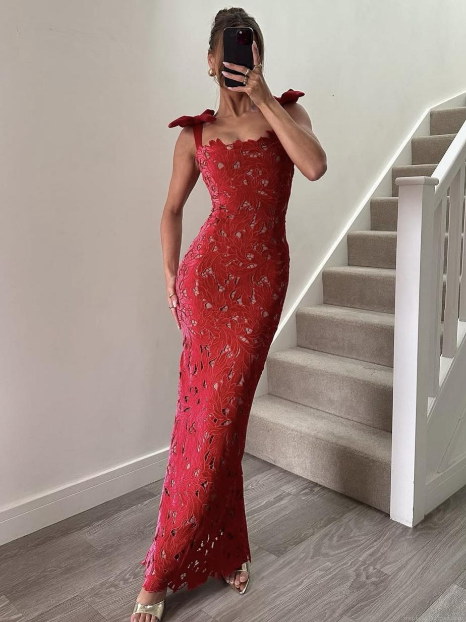 Women's Elegant Lace Hollow Out Maxi Dress With Ribbon Bow Shoulder Straps Formal Party Evening Gown Slim Fit Sleeveless Polyester Dress