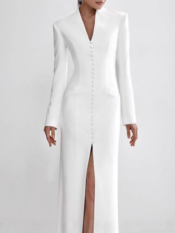 Women's Elegant Deep V-Neck Long Sleeve Solid Color Button Front High Slit Slim Fit Party Evening Maxi Dress Polyester Blend Formal Bodycon Gown For Wedding Banquet