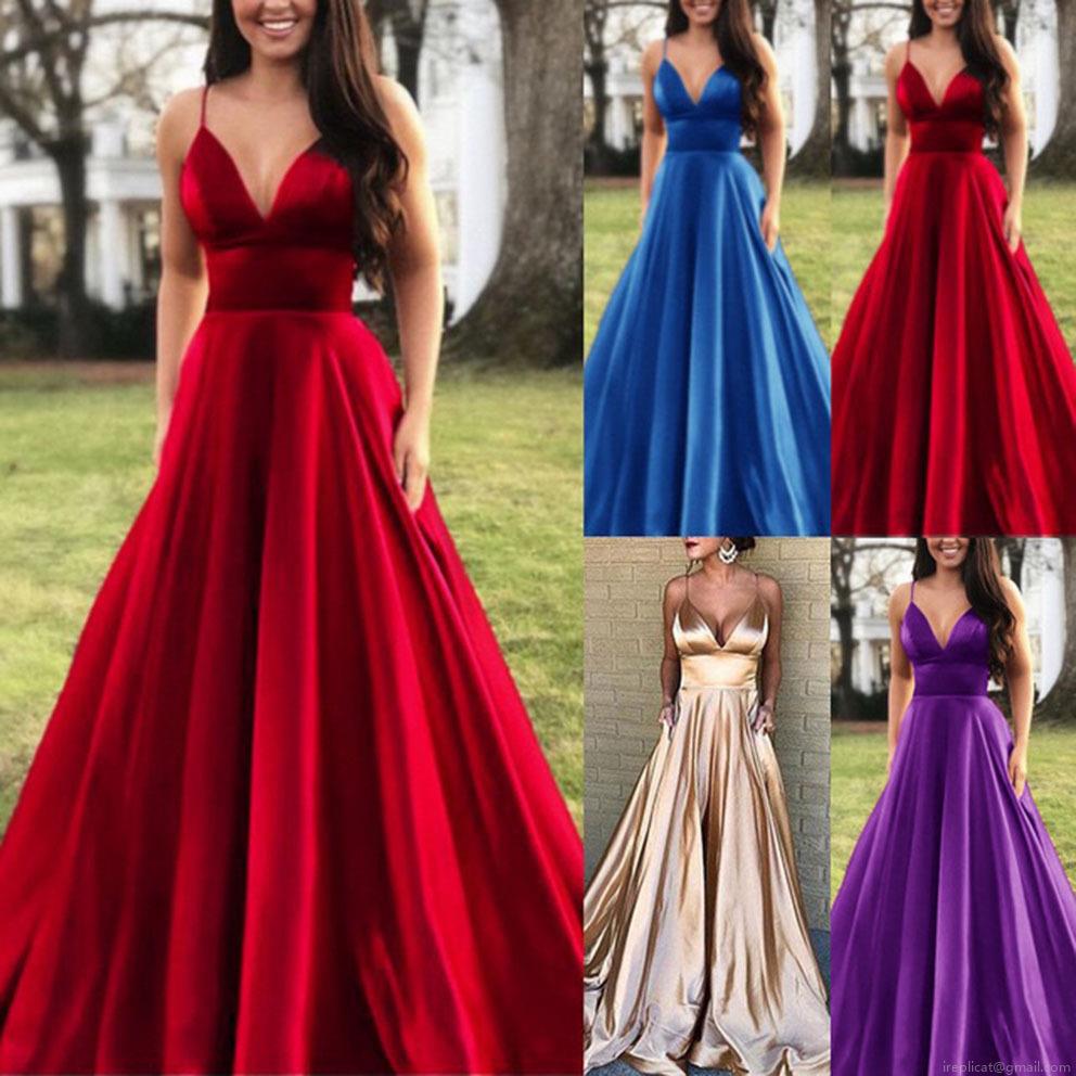 Elegant V-Neck Satin Slip Maxi Dress for Women Sexy Backless High Split Evening Party Gown Formal Wedding Guest Dress Sleeveless Solid Color Long Dress
