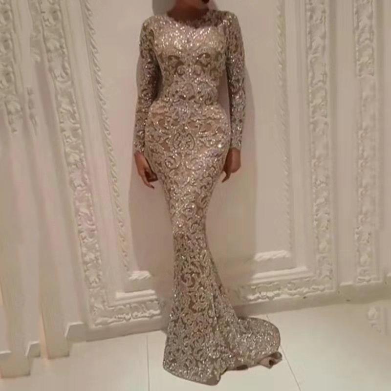 Women's Sexy Sequin Mermaid Evening Dress Long Sleeve Slim Fit Mesh Embroidery Formal Gown For Party Wedding Celebration Elegant Maxi Dress